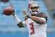 Tampa Bay Buccaneers' Jameis Winston (3) warms up before an NFL football game against the Carolina Panthers in Charlotte, N.C., Sunday, Dec. 24, 2017. (AP Photo/Bob Leverone)