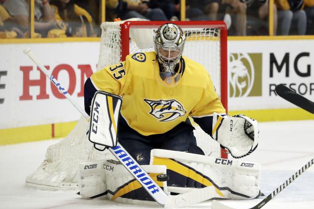 Nashville Predators goalie Pekka Rinne, of Finland, blocks a shot against the Winnipeg Jets during the first period in Game 2 of an NHL hockey second-round playoff series Sunday, April 29, 2018, in Nashville, Tenn. (AP Photo/Mark Humphrey)