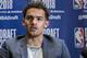 Oklahoma's Trae Young speaks to reporters during a media availability with the top basketball prospects in the NBA Draft, Wednesday, June 20, 2018, in New York. (AP Photo/Mary Altaffer)