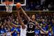 DURHAM, NC - FEBRUARY 21: Ray Spalding #13 of the Louisville Cardinals blocks a shot by Wendell Carter Jr #34 of the Duke Blue Devils during their game at Cameron Indoor Stadium on February 21, 2018 in Durham, North Carolina. Duke won 82-56. (Photo by Grant Halverson/Getty Images)