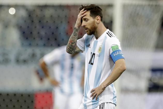 Argentina's Lionel Messi reacts after the third goal of Croatia during the group D match between Argentina and Croatia at the 2018 soccer World Cup in Nizhny Novgorod Stadium in Nizhny Novgorod, Russia, Thursday, June 21, 2018. Croatia won 3-0. (AP Photo/Petr David Josek)