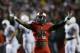 Rutgers defensive back Johnathan Aiken tries to get the crowd in the game during the third quarter of an NCAA college football game against Penn State on Saturday, Sept. 13, 2014, in Piscataway, N.J. Penn State won 13-10. (AP Photo/Mel Evans)