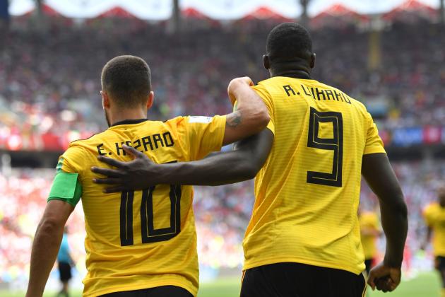 Belgium's forward Eden Hazard celebrates his second goal with Belgium's forward Romelu Lukaku during the Russia 2018 World Cup Group G football match between Belgium and Tunisia at the Spartak Stadium in Moscow on June 23, 2018. (Photo by Yuri CORTEZ / AFP) / RESTRICTED TO EDITORIAL USE - NO MOBILE PUSH ALERTS/DOWNLOADS        (Photo credit should read YURI CORTEZ/AFP/Getty Images)