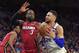 PHILADELPHIA, PA - APRIL 24: Ben Simmons #25 of the Philadelphia 76ers drives on Dwyane Wade #3 of the Miami Heat at Wells Fargo Center on April 24, 2018 in Philadelphia, Pennsylvania. (Photo by Drew Hallowell/Getty Images)
