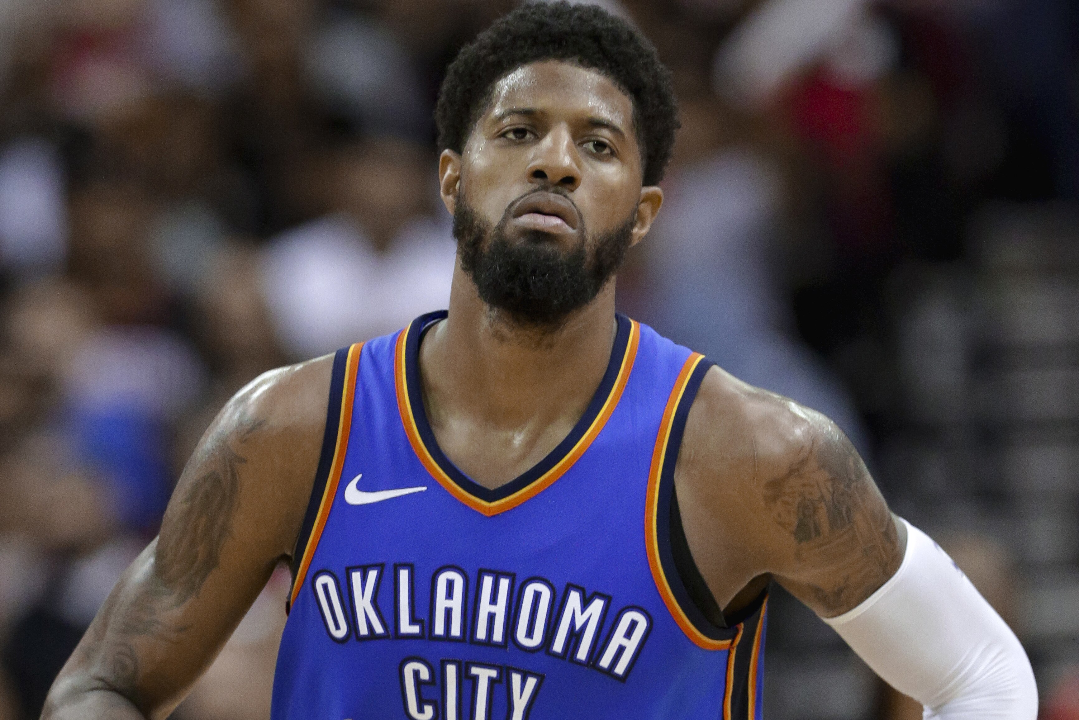 Oklahoma City Thunder forward Paul George (13) during the second half of an NBA basketball game against the Houston Rockets Saturday, April 7, 2018, in Houston. (AP Photo/Michael Wyke)