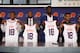 PHOENIX, AZ - JUNE 22: (L-R) George King, Mikal Bridges, Deandre Ayton, and Elie Okoo of the Pheonix Suns pose together following press conference at Talking Stick Resort Arena on June 22, 2018 in Phoenix, Arizona. NOTE TO USER: User expressly acknowledges and agrees that, by downloading and or using this photograph, User is consenting to the terms and conditions of the Getty Images License Agreement. (Photo by Christian Petersen/Getty Images)