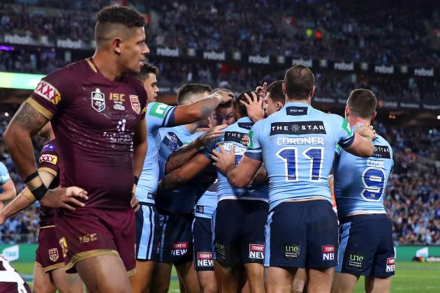 SYDNEY, NEW SOUTH WALES - JUNE 24:  Joshua Addo-Carr of the Blues celebrates with team mates after scoring a try during game two of the State of Origin series between the New South Wales Blues and the Queensland Maroons at ANZ Stadium on June 24, 2018 in Sydney, Australia.  (Photo by Mark Kolbe/Getty Images)