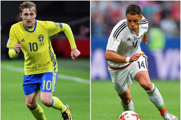 (COMBO) This combination of pictures created on June 25, 2018 shows Sweden's Emil Forsberg (L) at the Amsterdam Arena in Amsterdam on October 10, 2017 and Mexico's forward Javier Hernandez at the Kazan Arena Stadium in Kazan on June 24, 2017. - Mexico will play against Sweden in their Russia 2018 World Cup Group F football match in Iekaterinburg on June 27, 2018. (Photo by Emmanuel DUNAND and Yuri CORTEZ / AFP)        (Photo credit should read EMMANUEL DUNAND,YURI CORTEZ/AFP/Getty Images)