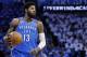 Striker Paul George (13) of Oklahoma City in the fifth game of a series of NBA basketball playoffs between Utah Jazz and Oklahoma City Thunder Oklahoma City, Wednesday, April 25, 2018. (AP Photo / Sue Ogrocki)