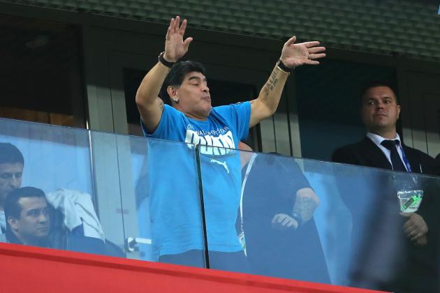 SAINT PETERSBURG, RUSSIA - JUNE 26:   Argentina legend Diego Maradona reacts during the 2018 FIFA World Cup Russia group D match between Nigeria and Argentina at Saint Petersburg Stadium on June 26, 2018 in Saint Petersburg, Russia. (Photo by Robbie Jay Barratt - AMA/Getty Images)