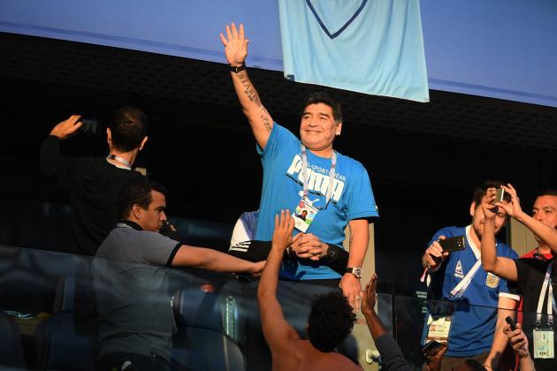 Retired Argentina player Diego Maradona gestures ahead of the Russia 2018 World Cup Group D football match between Nigeria and Argentina at the Saint Petersburg Stadium in Saint Petersburg on June 26, 2018. (Photo by OLGA MALTSEVA / AFP) / RESTRICTED TO EDITORIAL USE - NO MOBILE PUSH ALERTS/DOWNLOADS        (Photo credit should read OLGA MALTSEVA/AFP/Getty Images)