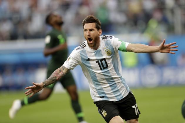 Argentina's Lionel Messi celebrates after scoring the opening goal of his team during the group D match between Argentina and Nigeria, at the 2018 soccer World Cup in the St. Petersburg Stadium in St. Petersburg, Russia, Tuesday, June 26, 2018. (AP Photo/Petr David Josek)