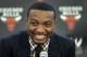 The Chicago Bulls first round draft pick, Wendell Carter Jr., smiles during an NBA basketball news conference where he was introduced to Chicago reporters Monday, June 25, 2018, in Chicago. (AP Photo/Charles Rex Arbogast)