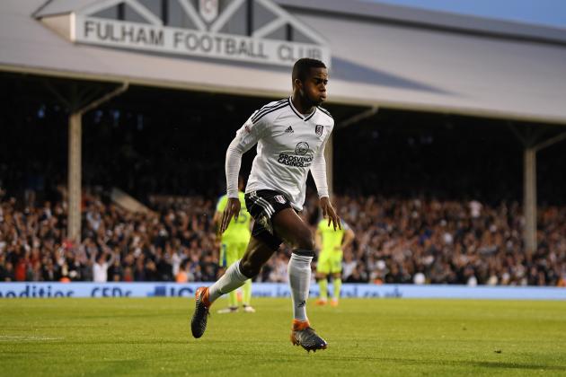 LONDON, ENGLAND - MAY 14: Ryan Sessegnon of Fulham celebrates scoring his sides first goal during the Sky Bet Championship Play Off Semi Final, second leg match between Fulham and Derby County at Craven Cottage on May 14, 2018 in London, England. (Photo by Mike Hewitt/Getty Images)