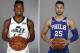 FILE - At left, in a Sept. 25, 2017, file photo, Utah Jazz's Donovan Mitchell, poses for a picture at their media day in Salt Lake City. At right, also in a Sept. 25, 2017, file photo, Philadelphia 76ers' Ben Simmons poses for a photograph at their media day in Camden, N.J. Simmons and Mitchell are unanimous selections to the NBA's All-Rookie team, Tuesday, May 22, 2018. The two guards received all 100 first-place votes from a panel of sports writers and broadcasters.(AP Photo/File)