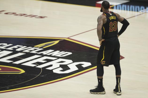Cleveland Cavaliers' LeBron James watches in the first half of Game 4 of basketball's NBA Finals against the Golden State Warriors, Friday, June 8, 2018, in Cleveland. (AP Photo/Tony Dejak)
