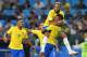 Brazil's midfielder Paulinho (R) celebrates with teammates Brazil's forward Neymar (top), Brazil's forward Gabriel Jesus (L) and Brazil's forward Philippe Coutinho after scoring during the Russia 2018 World Cup Group E football match between Serbia and Brazil at the Spartak Stadium in Moscow on June 27, 2018. (Photo by Francisco LEONG / AFP) / RESTRICTED TO EDITORIAL USE - NO MOBILE PUSH ALERTS/DOWNLOADS (Photo credit should read FRANCISCO LEONG/AFP/Getty Images)