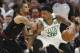 Boston Celtics' Marcus Smart (36) drives past Cleveland Cavaliers' George Hill (3) during the first half of Game 6 of the NBA basketball Eastern Conference finals Friday, May 25, 2018, in Cleveland. (AP Photo/Ron Schwane)