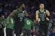PHILADELPHIA, PA - MAY 5: Jaylen Brown #7 and Jayson Tatum #0 of the Boston Celtics celebrate against the Philadelphia 76ers during Game Three of the Eastern Conference Second Round of the 2018 NBA Playoff at Wells Fargo Center on May 5, 2018 in Philadelphia, Pennsylvania. NOTE TO USER: User expressly acknowledges and agrees that, by downloading and or using this photograph, User is consenting to the terms and conditions of the Getty Images License Agreement. (Photo by Mitchell Leff/Getty Images) *** Local Caption *** Jaylen Brown;Jayson Tatum