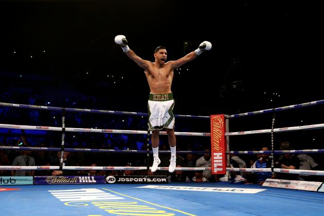 LIVERPOOL, ENGLAND - APRIL 21: Amir Khan of England celebrates after winning his Super Welterweight bout against Phil Lo Greco of Italy at Echo Arena on April 21, 2018 in Liverpool, England. (Photo by Jan Kruger/Getty Images)