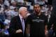 SSAN ANTONIO, TX - MAY 6: Gregg Popovich coaches Kawhi Leonard #2 of the San Antonio Spurs during the game against the Oklahoma City Thunder in Game Three of the Western Conference Semifinals of the 2016 NBA Playoffs on May 6, 2016 at the AT&T Center in San Antonio, Texas. NOTE TO USER: User expressly acknowledges and agrees that, by downloading and or using this photograph, user is consenting to the terms and conditions of the Getty Images License Agreement. Mandatory Copyright Notice: Copyright 2016 NBAE (Photo by Garrett W. Ellwood/NBAE via Getty Images)