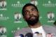   Kyrie Irving of Boston Celtics answers reporters' questions on Tuesday, June 12, 2018, at a press conference in Boston. Irving talked about the upcoming movie 