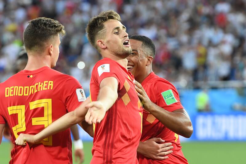 TOPSHOT - Belgium's forward Adnan Januzaj (C) celebrates scoring the opening goal with his teammates during the Russia 2018 World Cup Group G football match between England and Belgium at the Kaliningrad Stadium in Kaliningrad on June 28, 2018. (Photo by Attila KISBENEDEK / AFP) / RESTRICTED TO EDITORIAL USE - NO MOBILE PUSH ALERTS/DOWNLOADS (Photo credit should read ATTILA KISBENEDEK/AFP/Getty Images)