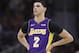 Los Angeles Lakers guard Lonzo Ball on the court during the second half of an NBA basketball game against the Detroit Pistons, Monday, March 26, 2018, in Detroit. (AP Photo/Carlos Osorio)