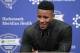 Running back Saquon Barkley answers questions during a news conference, Saturday, April 28, 2018, in East Rutherford, N.J. Barkley was selected as the number two overall pick in the NFL football draft by the New York Giants. (AP Photo/Julie Jacobson)