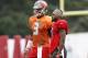 TAMPA, FL - JULY 30: Quarterback Jameis Winston #3 talks with Wide Receiver DeSean Jackson #1 of the Tampa Bay Buccaneers during Training Camp at One Buc Place on July 30, 2017 in Tampa, Florida. (Photo by Don Juan Moore/Getty Images)