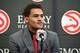 ATLANTA, GA - JUNE 25: Trae Young #11 of the Atlanta Hawks speaks to the media during an introductory press conference on June 25, 2018 at Emory Healthcare Courts in Atlanta, Georgia. NOTE TO USER: User expressly acknowledges and agrees that, by downloading and/or using this Photograph, user is consenting to the terms and conditions of the Getty Images License Agreement. Mandatory Copyright Notice: Copyright 2018 NBAE (Photo by Scott Cunningham/NBAE via Getty Images)