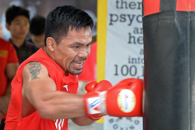 This photo taken on May 17, 2018 shows Philippine boxing icon Manny Pacquiao during a training session at a gym in Manila, ahead of his world welterweight boxing championship bout against Argentina's Lucas Matthysse in July. (Photo by TED ALJIBE / AFP)        (Photo credit should read TED ALJIBE/AFP/Getty Images)