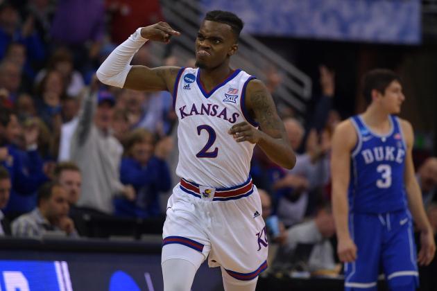 OMAHA, NE - MARCH 25: Lagerald Vick #2 of the Kansas Jayhawks reacts during their game against the Duke Blue Devils during the 2018 NCAA Men's Basketball Tournament Midwest Regional Final at CenturyLink Center on March 25, 2018 in Omaha, Nebraska. (Photo by Lance King/Getty Images)