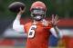 Cleveland Browns quarterback Baker Mayfield throws a pass during the team's organized team activity at its NFL football training facility Tuesday, June 5, 2018, in Berea, Ohio. (AP Photo/Ron Schwane)