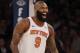 NEW YORK, NY - APRIL 6: Kyle O'Quinn #9 of the New York Knicks reacts laughing after he sunk a three point shot in an NBA basketball game against the Miami Heat on April 6, 2018 at Madison Square Garden in New York City. Knicks won 122-98. NOTE TO USER: User expressly acknowledges and agrees that, by downloading and/or using this Photograph, user is consenting to the terms and conditions of the Getty License agreement. Mandatory Copyright Notice (Photo by Paul Bereswill/Getty Images) *** Local Caption *** Kyle O'Quinn
