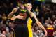   CLEVELAND, OH - DECEMBER 14: LeBron James # 23 of the Cleveland Cavaliers and Lonzo Ball # 2 of the Los Angeles Lakers embrace during the first half at Quicken Loans Arena on December 14, 2017 in Cleveland, Ohio. NOTE TO THE USER: The user expressly acknowledges and agrees that by downloading and using this photo, the user agrees to the terms and conditions of the Getty Images License Agreement. (Photo by Jason Miller / Getty Images) 