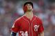 Washington Nationals' Bryce Harper reacts after he lined out during the second inning of a baseball game against the Philadelphia Phillies, Saturday, June 23, 2018, in Washington. (AP Photo/Nick Wass)