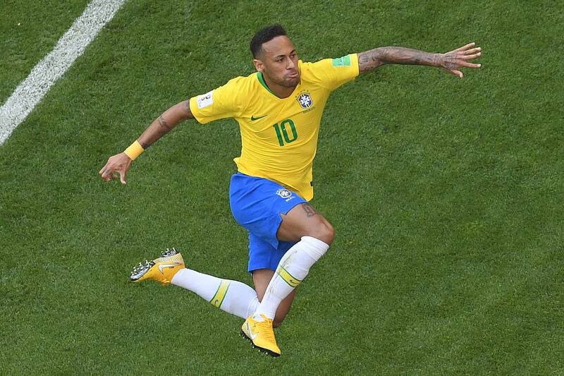 TOPSHOT - Brazil's forward Neymar celebrates scoring the opening goal during the Russia 2018 World Cup round of 16 football match between Brazil and Mexico at the Samara Arena in Samara on July 2, 2018. (Photo by Kirill KUDRYAVTSEV / AFP) / RESTRICTED TO EDITORIAL USE - NO MOBILE PUSH ALERTS/DOWNLOADS (Photo credit should read KIRILL KUDRYAVTSEV/AFP/Getty Images)
