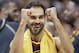 Cleveland Cavaliers' Jose Calderon, from Spain, celebrates after the Cavaliers defeated the Indiana Pacers 98-95 in Game 5 of an NBA basketball first-round playoff series, Wednesday, April 25, 2018, in Cleveland. (AP Photo/Tony Dejak)