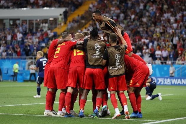 ROSTOV-ON-DON, RUSSIA - JULY 02:  Nacer Chadli of Belgium celebrates after scoring his team's third goal with team mates during the 2018 FIFA World Cup Russia Round of 16 match between Belgium and Japan at Rostov Arena on July 2, 2018 in Rostov-on-Don, Russia.  (Photo by Kevin C. Cox/Getty Images)