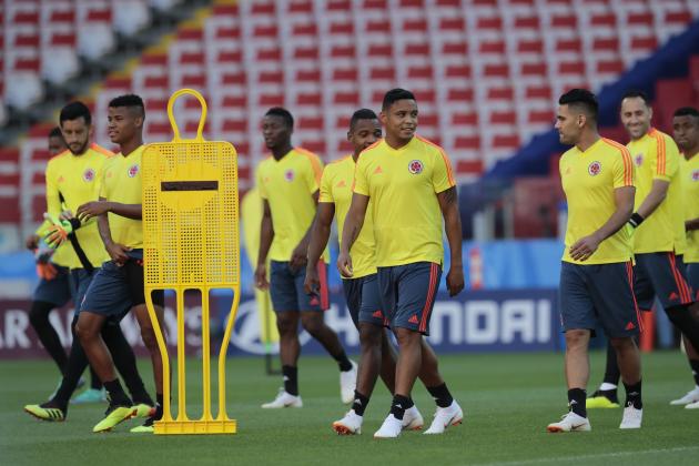 Colombia players attend the official training on the eve of the match between Colombia and England at the 2018 soccer World Cup in the Spartak Stadium in Moscow, Russia, Monday, July 2, 2018. (AP Photo/Alexander Zemlianichenko)