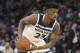   Jimmy Butler of Minnesota Timberwolves plays against the Los Angeles Lakers in the first half of an NBA basketball game on Thursday, February 15, 2018, in Minneapolis. (Jim Photo / Jim Mone) 