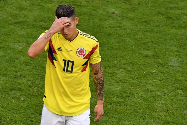 Colombia's midfielder James Rodriguez reacts as he leaves the football pitch due to an injury during the Russia 2018 World Cup Group H football match between Senegal and Colombia at the Samara Arena in Samara on June 28, 2018. (Photo by Fabrice COFFRINI / AFP) / RESTRICTED TO EDITORIAL USE - NO MOBILE PUSH ALERTS/DOWNLOADS        (Photo credit should read FABRICE COFFRINI/AFP/Getty Images)