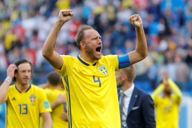 SAINT PETERSBURG, RUSSIA - JULY 3: Andreas Granqvist (C) of Sweden national team celebrates victory during the 2018 FIFA World Cup Russia Round of 16 match between Sweden and Switzerland at Saint Petersburg Stadium on July 3, 2018 in Saint Petersburg, Russia. (Photo by MB Media/Getty Images)
