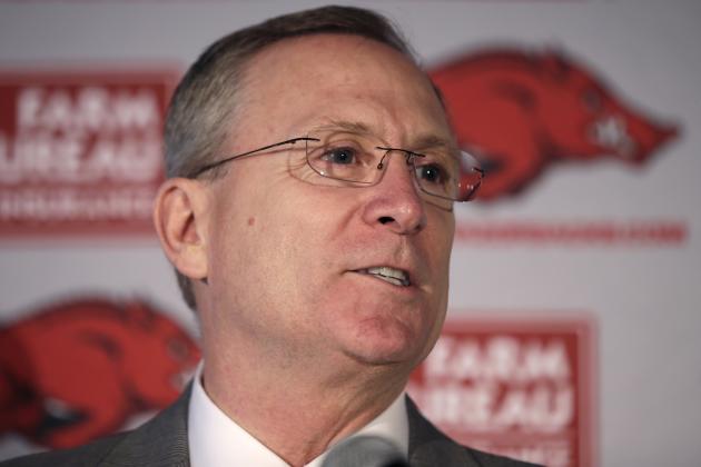 FILE - In this Sept. 15, 2014, file photo, University of Arkansas athletic director Jeff Long speaks during a news conference in Little Rock, Ark. Long will be in the spotlight when he announces the four teams in the first College Football Playoff on Sunday. (AP Photo/Danny Johnston, File)