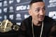 UFC featherweight champion Max Holloway responds to reporters' questions during a media event, Thursday, April 5, 2018, in New York ahead of his Mixed Martial Arts lightweight title fight against Max Nurmamogedov on Saturday. (AP Photo/Kathy Willens)