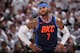 SALT LAKE CITY, UT - APRIL 23: Carmelo Anthony #7 of the Oklahoma City Thunder looks on during the game against the Utah Jazz in Game Four of Round One of the 2018 NBA Playoffs on April 23, 2018 at vivint.SmartHome Arena in Salt Lake City, Utah. NOTE TO USER: User expressly acknowledges and agrees that, by downloading and/or using this Photograph, user is consenting to the terms and conditions of the Getty Images License Agreement. Mandatory Copyright Notice: Copyright 2018 NBAE (Photo by Garrett Ellwood/NBAE via Getty Images)