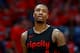 NEW ORLEANS, LA - APRIL 19: Damian Lillard #0 of the Portland Trail Blazers stands on the court during Game 3 of the Western Conference playoffs against the New Orleans Pelicans at the Smoothie King Center on April 19, 2018 in New Orleans, Louisiana. NOTE TO USER: User expressly acknowledges and agrees that, by downloading and or using this photograph, User is consenting to the terms and conditions of the Getty Images License Agreement. (Photo by Sean Gardner/Getty Images)