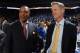 OAKLAND, CA - OCTOBER 27: Alvin Gentry of the New Orleans Pelicans and Steve Kerr of the Golden State Warriors talk before the game on October 27, 2015 at ORACLE Arena in Oakland, California. NOTE TO USER: User expressly acknowledges and agrees that, by downloading and/or using this Photograph, user is consenting to the terms and conditions of the Getty Images License Agreement. Mandatory Copyright Notice: Copyright 2015 NBAE (Photo by Andrew D. Bernstein/NBAE via Getty Images)