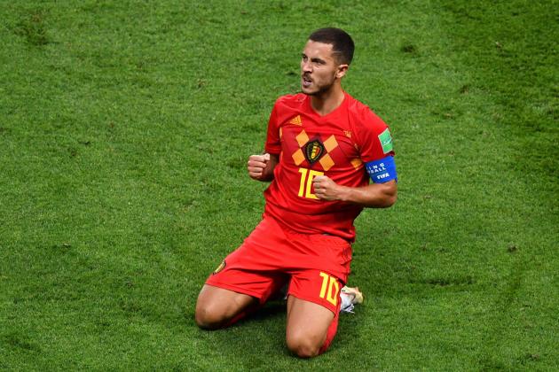 Belgium's forward Eden Hazard celebrates during the Russia 2018 World Cup quarter-final football match between Brazil and Belgium at the Kazan Arena in Kazan on July 6, 2018. (Photo by SAEED KHAN / AFP) / RESTRICTED TO EDITORIAL USE - NO MOBILE PUSH ALERTS/DOWNLOADS        (Photo credit should read SAEED KHAN/AFP/Getty Images)